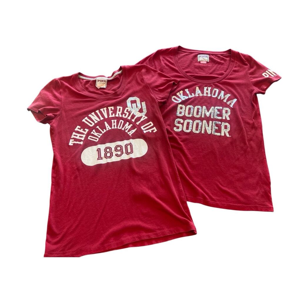 Lot of 2 PINK Victoria's Secret Womens Sequin Oklahoma Graphic T-Shirt Red Large